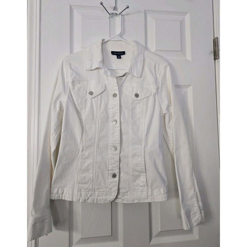 Charter Club Women's White Cotton Blend Buttons Closure Denim Jacket Size M